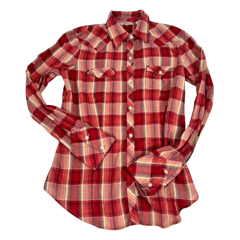 American Eagle Outfitters Red Plaid Western Sheer Button Down Shirt Small